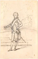 Esboço de composição para retrato de corpo inteiro de Frederik VI como jovem príncipe herdeiro. Em pé de frente com a mão direita ao lado e a esquerda apoiada em uma mesa