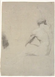 Modelo sentado, visto de costas, desenho não finalizado