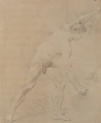 Modelo em pé, de frente para a direita, braço esquerdo levantado, direito abaixado e encostado em uma pedra.