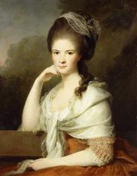 Retrato de uma senhora, sentada a meio comprimento, vestindo um vestido marrom e um xale branco, 1778