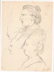 Retratos de perfil da rainha Caroline Mathilde, J.F. Struensee e Enevold Brandt, bem como um rascunho, possivelmente do próprio Juel. Todos de perfil à esquerda