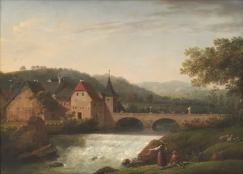 A ponte e a cachoeira em Dornach, Suíça
