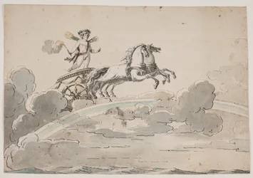 Cupido (Eros) andando em uma carruagem no arco-íris
