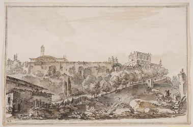 Perspectiva da cidade com palácio e igreja cercada por muro