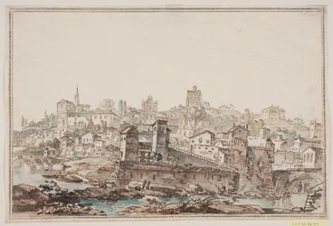 Perspectiva de vila com casas e igreja junto ao rio. Roma antiga