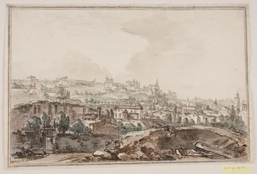 Perspectiva da cidade com casas e muro junto ao rio; ao fundo igrejas e palácios