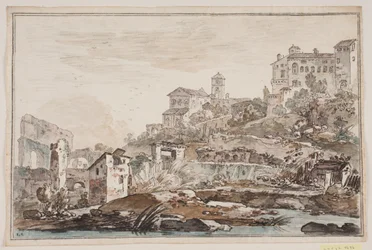 Perspectiva da cidade com ruínas e igreja e palácio elevados