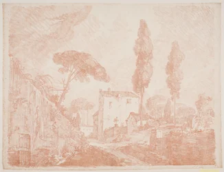 Paisagem de fantasia italiana com árvores e casas
