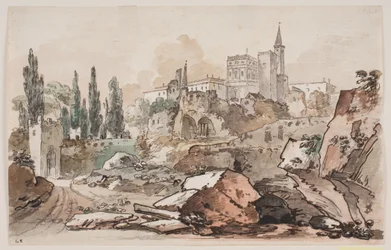 Perspectiva com palácio cercado por árvores e rochas