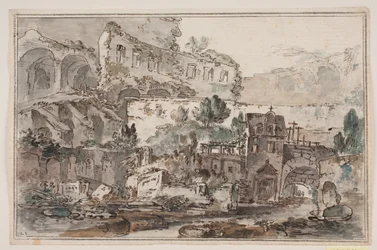 Perspectiva com ruínas e casas à beira de riachos