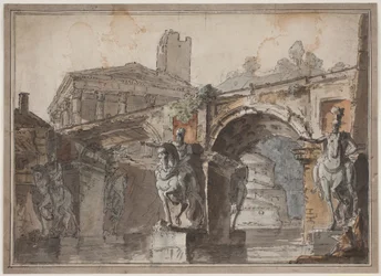 Perspectiva "romana" com ponte, ruínas do templo e estátua equestre