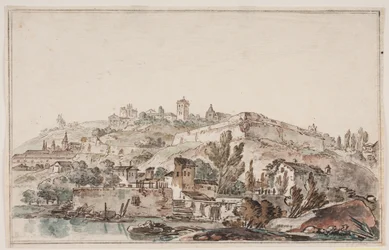 Perspectiva romana com muralha e igrejas