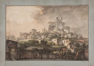 Perspectiva romana com parede em primeiro plano, igreja e ruína ao fundo