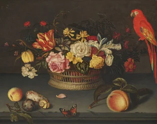 Natureza morta com cesto de flores e papagaio