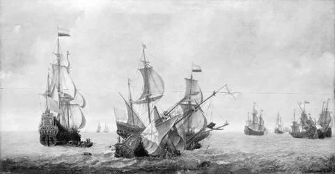 O navio "Eendracht", em primeiro plano à esquerda, arvorando a bandeira neerlandesa. Óleo sobre tela, meados do século XVII, de Jeronimus van Diest (cerca de 1631 - depois de 1675).