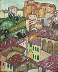 A Sienese Village (óleo no painel)