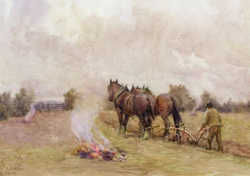 Arar a cena com incêndios em um campo, 1910