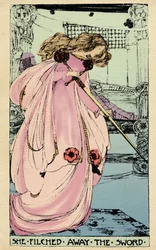 A Fada Morgane rouba a Excalibur para que o seu amante a utilize contra o Rei Artur. Ilustração de Jessie Marion King (1875-1949) para o livro "" The High History of the Holy Grail" de Perceval the Welsh, cavaleiro da mesa redonda" de Sebastian Evans (1830