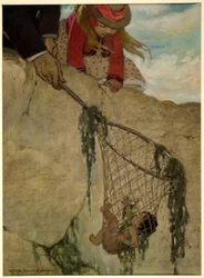 Ele sentiu a rede muito pesada, de The Water Babies de Charles Kingsley, pub. 1916 (lito colorido)