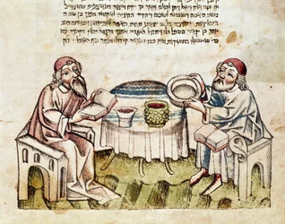 Judaísmo: "dois rabinos celebram a Páscoa com a cerimônia do Seder" Miniatura de um Mahzor (livro de orações em hebraico) Parma do século XV, Biblioteca Palatina