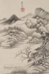 Paisagem no estilo de vários mestres antigos: no estilo de Dong Yuan, 1669 (tinta e cor no papel)