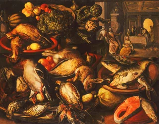 Caça, peixe, frutas e legumes em cestas e tigelas em uma despensa, 1569