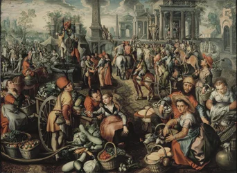 Cena de marche avec Ecce Home, la flagellation et le Christ portant sa Croix - Market Scene with Ecce Homo, the Flagellation and the Carrying of the Cross, de Beuckelaer, Joachim (ca. 1533-1574). Óleo sobre madeira