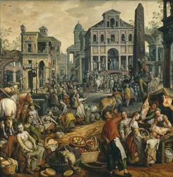 Cena de marche avec Ecce Homo - Market Scene with Ecce Homo, de Beuckelaer, Joachim (ca. 1533-1574). Óleo sobre madeira