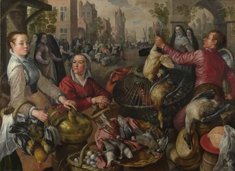 Os quatro elementos: uma barraca de aves em uma cidade com o filho pródigo além - uma alegoria do ar, 1569