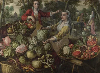 Os Quatro Elementos: A Terra. A Fruit and Vegetable Market with the Flight into Egypt in the Background - por Beuckelaer (Bueckelaer), Joachim (1533-1574) - 1569 National Gallery, Londres