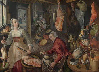 Os Quatro Elementos: O Fogo. A Kitchen Scene with Christ in the House of Martha and Mary in the Background - por Beuckelaer (Bueckelaer), Joachim (1533-1574) - 1569 National Gallery, Londres