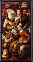 Os comerciantes que vendem aves e ovos - Pintura de Joachim Beuckelaer (1533-1574) 1564 Dim 203x103 cm Genes, Musei di Strada Nuova