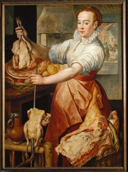 Cozinhar com frango (pintura em madeira de carvalho)
