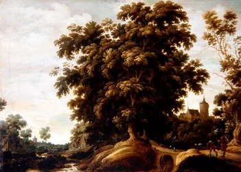 A River Landscape with Figures and a Village beyond (petróleo no painel)