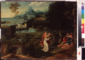 "Paisagem com a Lenda de São Roque" (Paisagem com a Lenda de São Roque) São Roque (1345-1376), doente com a peste, foi expulso da cidade. Pintura de Joachim Patinir (Patinier ou Patenier) (por volta de 1480-1524) Museu Nacional de Kharkov Ucrânia