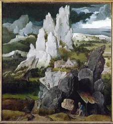 São Jerônimo em uma paisagem rochosa (óleo sobre madeira