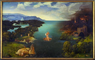 A passagem do Estige: Caronte no seu barco no Submundo. Pintura de Joachim Patinir (Skater) (1485-1524), escola flamenga. Dimensões 0,64 x 1,03 m, Madrid, Museu do Prado