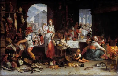 Uma mulher gira uma galinha numa cozinha cheia de comida. Pintura de Joachim Wtewael (1556-1638) Sol. 0,63x1 m