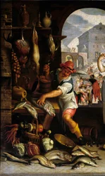 Detalhe de "Cena de cozinha com a parábola do banquete" Um homem prepara peixe. Pintura de Joachim Wtewael (1556-1638) Sol. 0,63x1 m Paris, Musee du Louvre.
