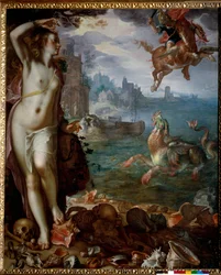 Percebe que Andromede salva acorrentado a uma pedra Os heróis, sobe em Pegase, luta contra um monstro marinho. Pintura de Joachim Wtewael (1566-1638) (Ec. Hol.) 1611 Sol. 1,8x1,5 m