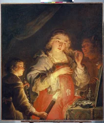 Alegoria da Vaidade. Uma jovem loira corta uma mecha de cabelo com uma tesoura na frente de um espelho segurado por um homem, uma criança a acende com uma tocha. Pintura de Joachim von Sandrart (1606-1688), hoje