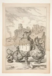Quatro vasos, um vaso quebrado, um castiçal quebrado e um Herm em uma paisagem com ruínas clássicas