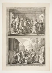 metade superior: COMPOSIT ZEUXES IUNONEM E QUINQUE PUELLIS metade inferior: PARRHASIUS VELO, VOLVCRIS CEV FALLITOR VUA