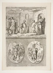 metade superior: quatro estátuas antigas metade inferior: Forja de Vulcano e um general romano vitorioso