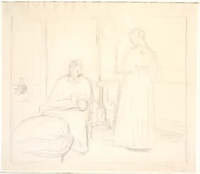 Interior com relógio e mulher sentada e em pé