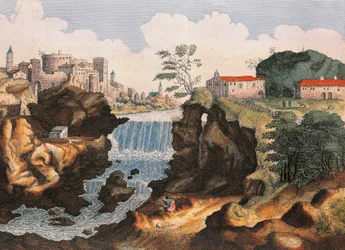 Aniene Waterfall in Tivoli (Roma), From Civitatis Admirandorum Italiae, de Joan Blaeu, pintura