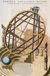 Grande esfera armilar equatorial desenhada por Tycho Brahe, ilustração de Le grand atlas ou Cosmographie blaviane (Atlas Maior), de Joan Blaeu, gravura, Holanda