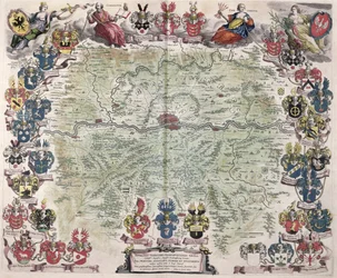 Mapa de Frankfurt e arredores, de &39;Nova Hanc Territori Francofurtensis Tabulum&39;, 1649