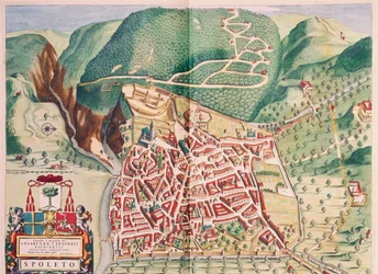 Mapa de Spoleto do Theatrum civitatum et admirandorum Italiae, de Joan Blaeu, gravando