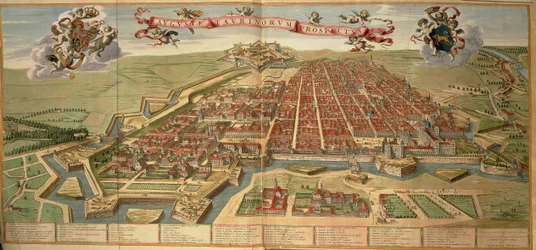 Mapa de Turim, gravura do Theatrum Sabaudiae de Joan Blaeu, impresso na Itália